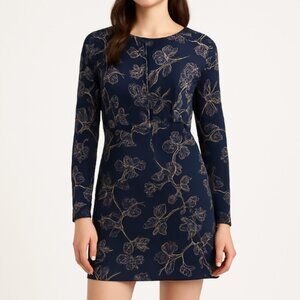 Dress Forum Navy Floral Long Sleeve Dress Minimalist Botanical Print NWT